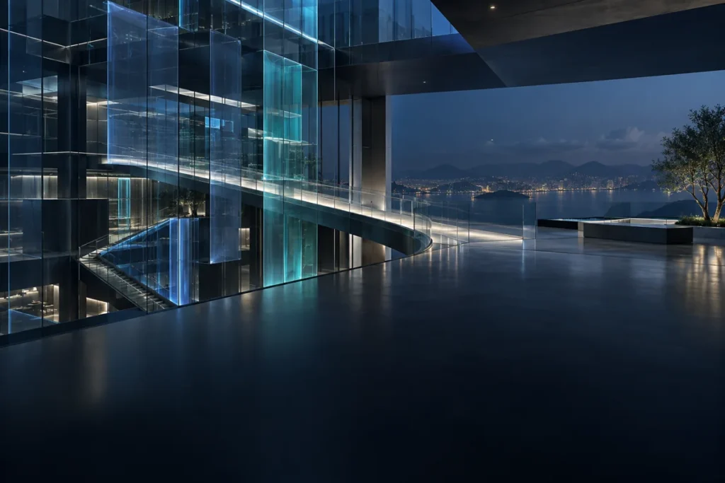 Conceptual architectural imagery of a connected, illuminated building at dusk