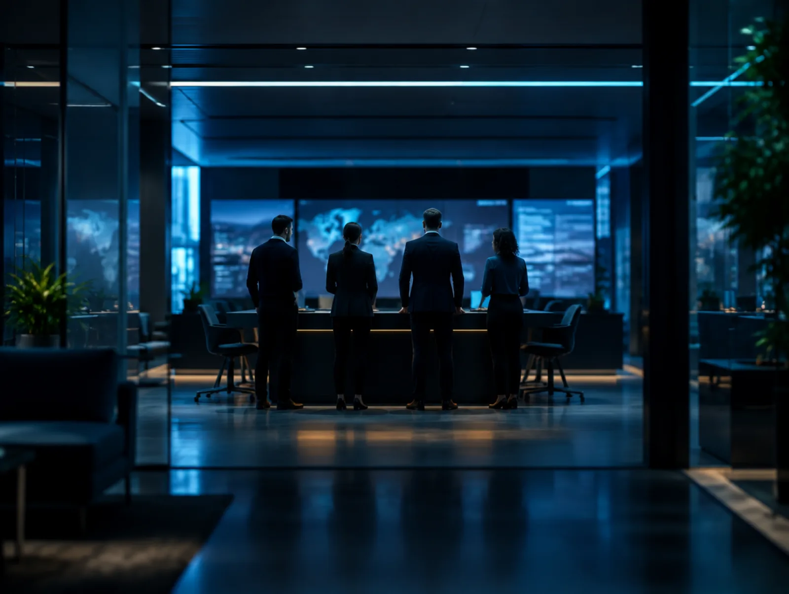 Professionals working together around a table in a calm, low-lit operations room