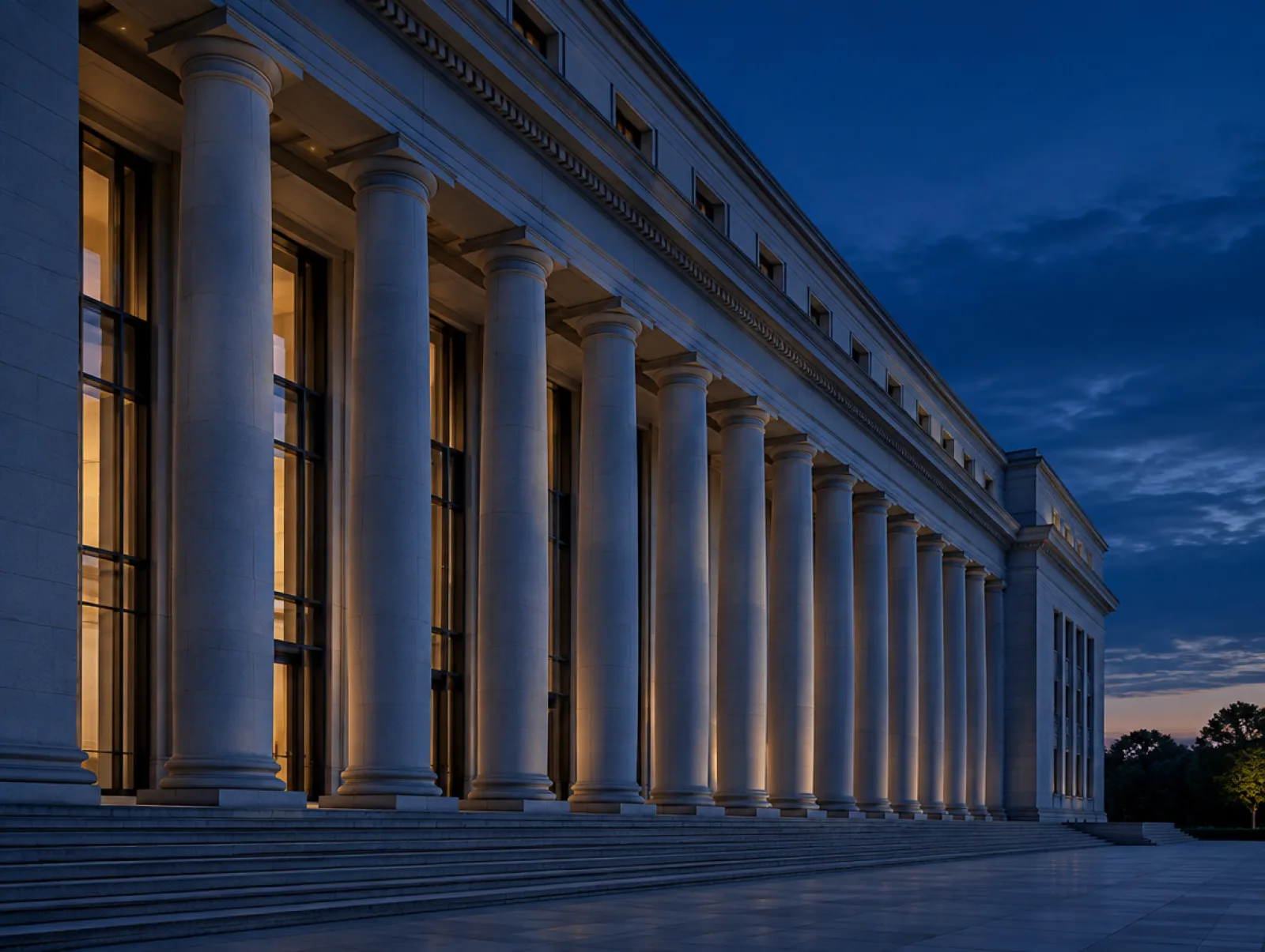 A colonnade of tall stone columns on an institutional building at dusk