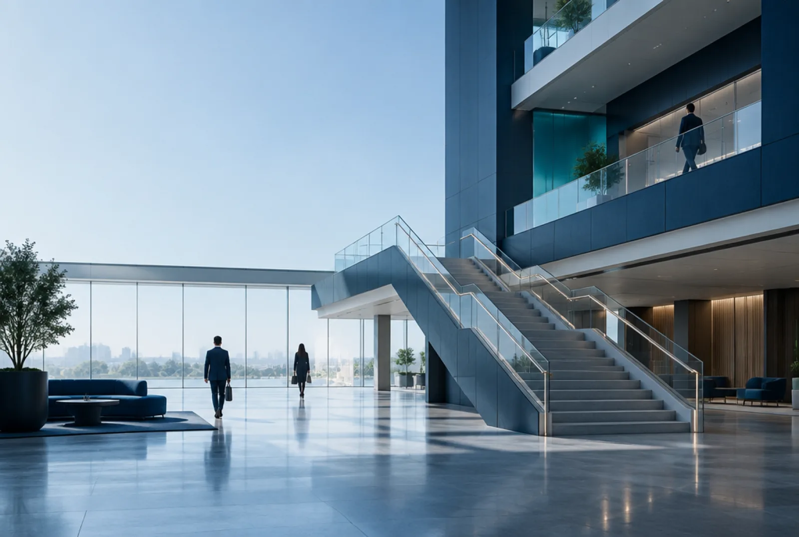 A modern institutional atrium with a wide staircase and people at human scale