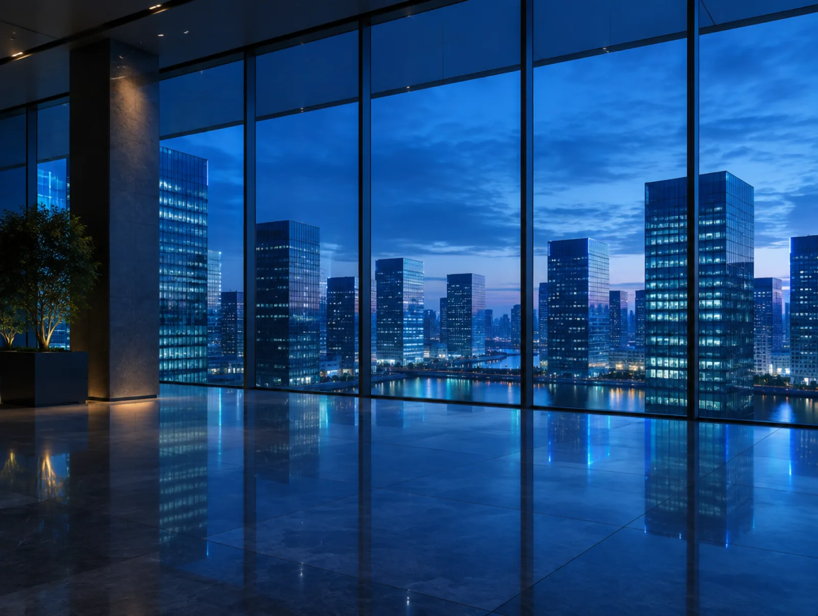 A calm view at dusk from inside a modern institutional building toward an anonymous city skyline