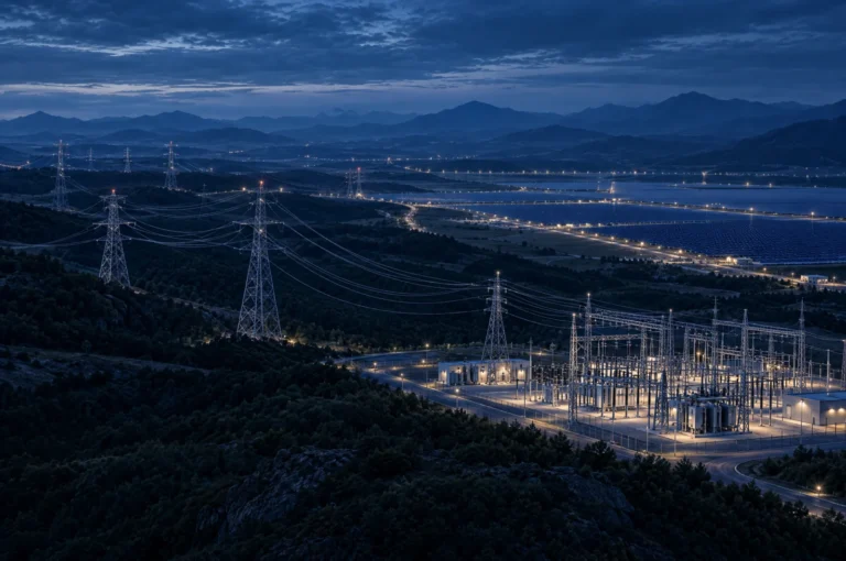 Electrical substation and transmission lines leading towards a solar field at dusk