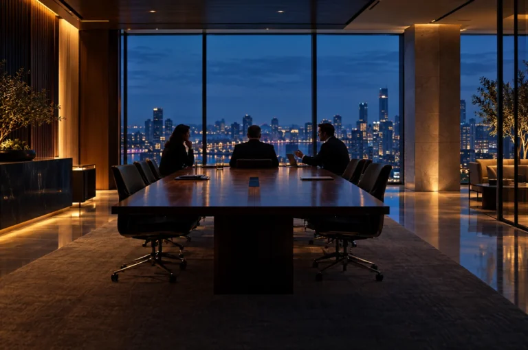 Leaders in discussion in an executive meeting room overlooking a city at night