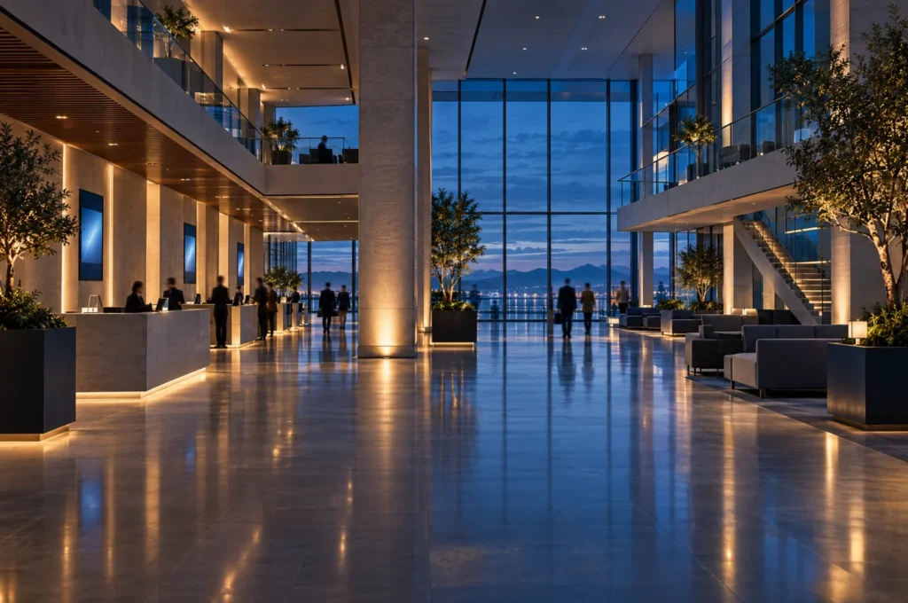 Contemporary civic services hall at dusk with people at service desks