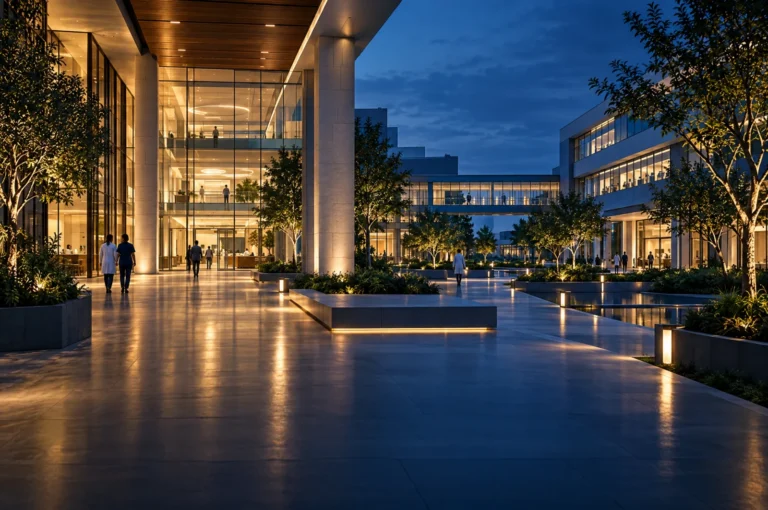 Contemporary hospital and medical research building atrium at blue hour