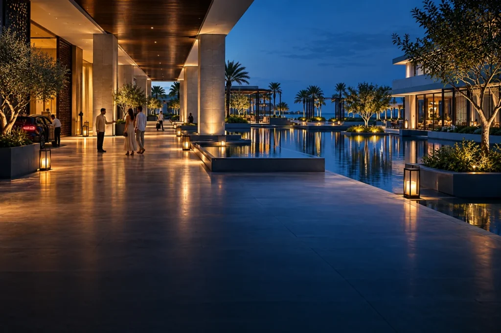 Arrival court of a coastal destination resort at dusk with guests and hosts