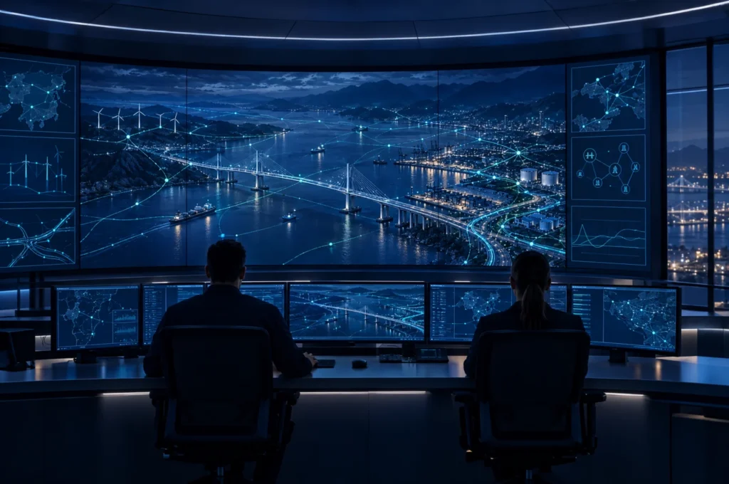 Infrastructure network operations centre with operators monitoring a wall of network maps
