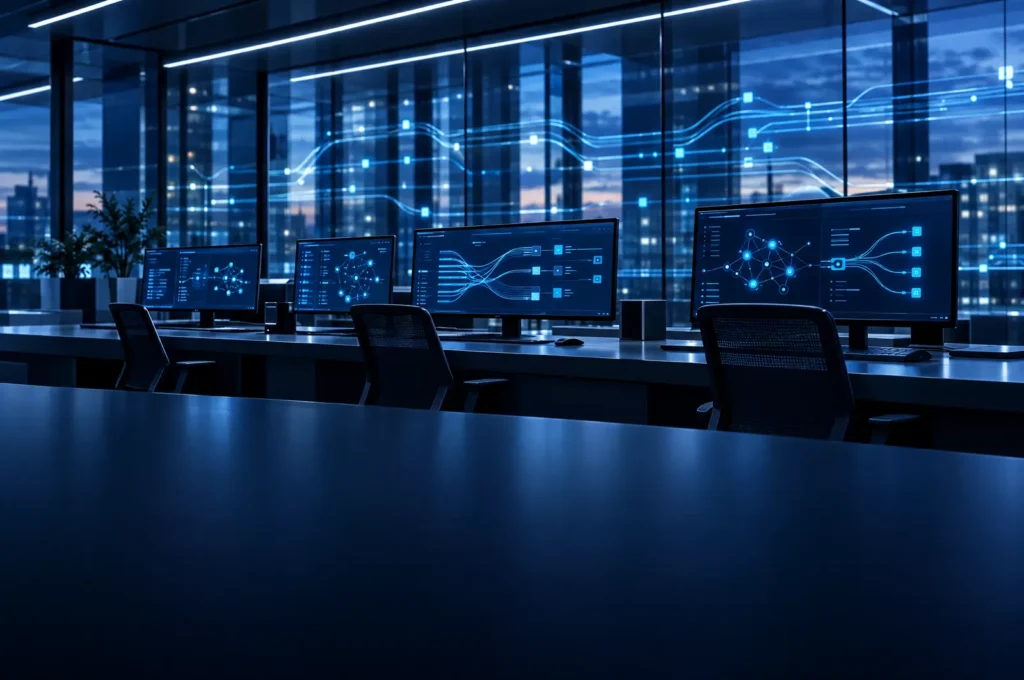 Enterprise operations workspace with screens showing abstract process-flow diagrams at dusk