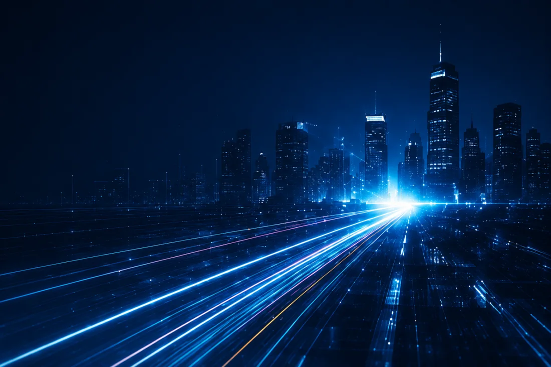 Blue light trails connecting an urban skyline.